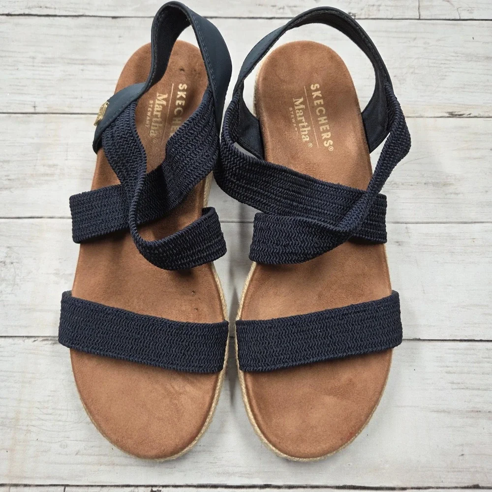 Skechers Wedge Sandals Women 10 Navy Martha Stewart Arch Fit Espadrille Platform